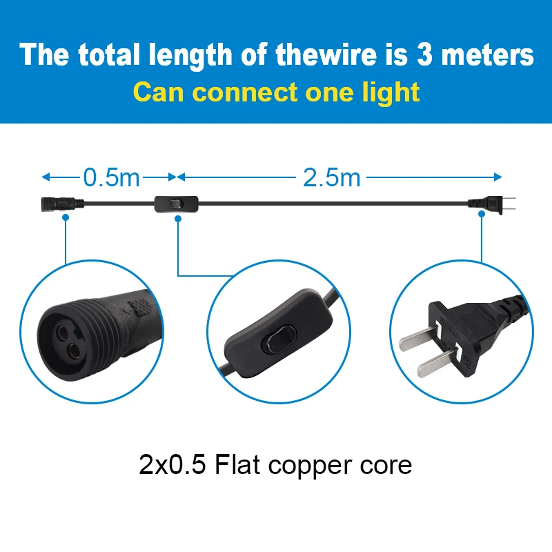 Black 3M US plug Power Cable with switch with 1 female connector Power Supply Wire Extension Cord