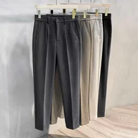 Autumn Winter New Men's Woolen Suit Pants Korean Fashion Slim Straight Elastic Waist Formal Business Tapered Brown Trousers 2