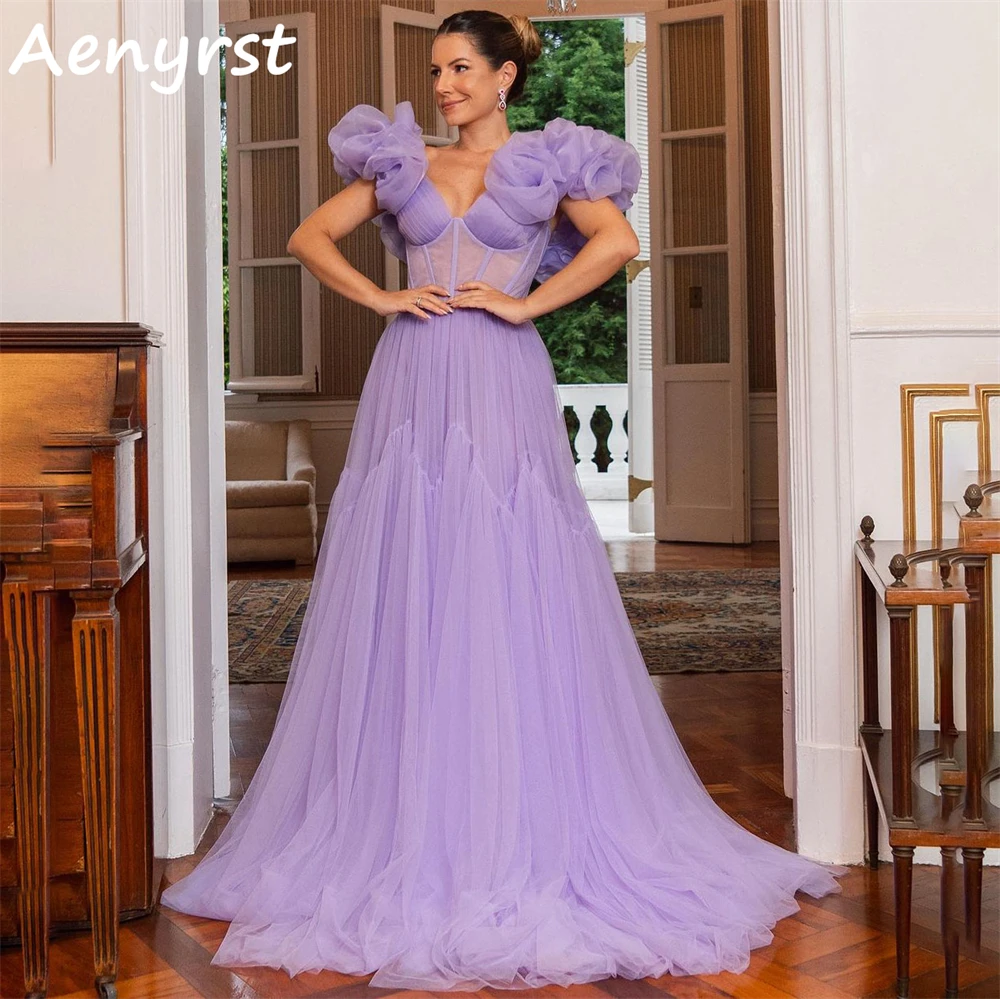 

Aenyrst Purple Sweetheart Ruffles Prom Dresses A Line Tulle Evening Gowns Floor Length Wedding Party Dress Elegant فساتين السهرة