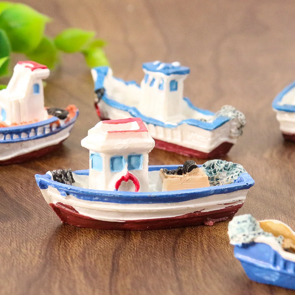 Mediterranean Nautical Style Painted Mini Fishing Boat Yacht Ferry Resin  Crafts Ornament Aquarium Sandplay Props Wedding Decor