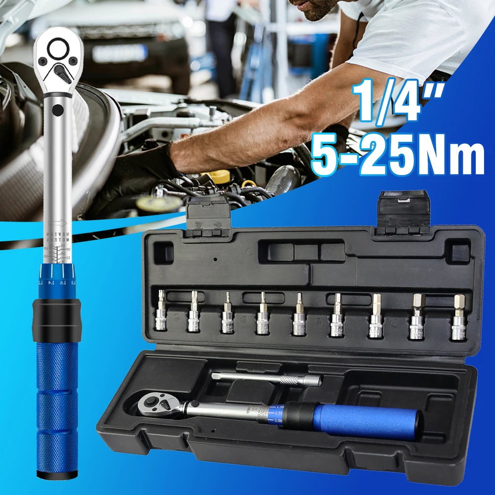 

Preset Torque Wrench 1/4" 5-25 Nm Ratchet Torque Tool Sockets Bicycle Blue Case