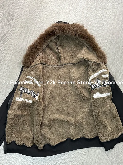 Vintage Letter Fur Collar Hooded Sweatshirt Autumn Winter