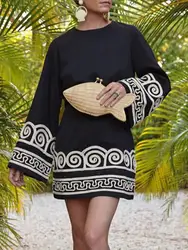 Yeezzi Vintage Elegant Embroidered Flared Sleeves Round-Neck Party Dress 2023 Spring Autumn Casual Black Mini Dresses For Women