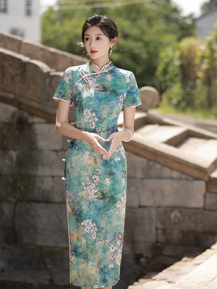 

Vintage Women Cheongsam Chinese Style Qipao Satin Floral Print Vestidos Traditional Chinese Cheongsams Oversize 3XL 4XL Qipaos