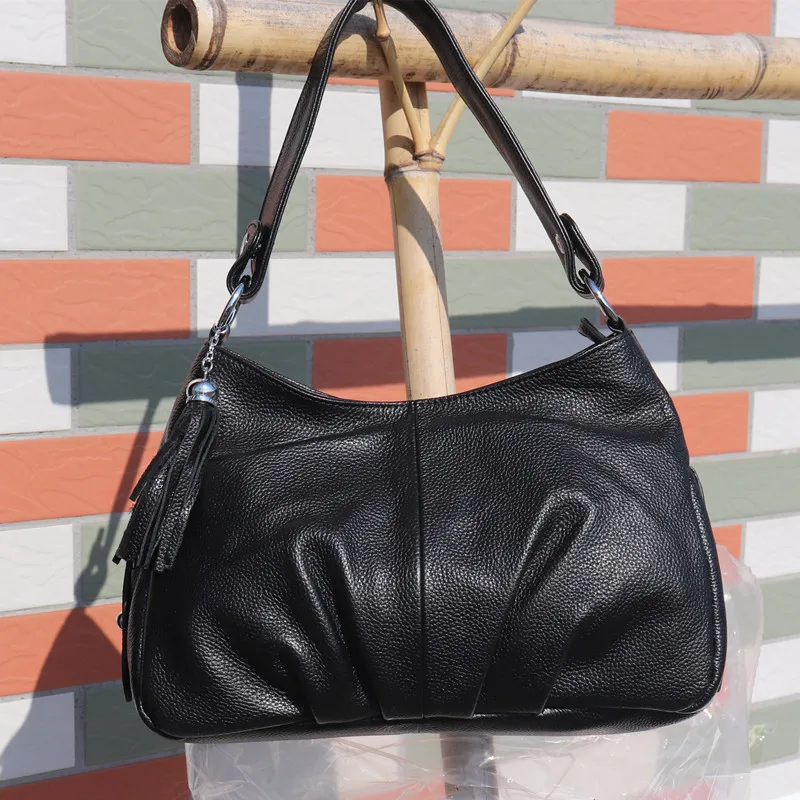 Casual Designer Women's Genuine Leather Tassel Handbags Lady Shoulder Bag Soft Cowhide Satchel Black Messenger Crossbody Purse