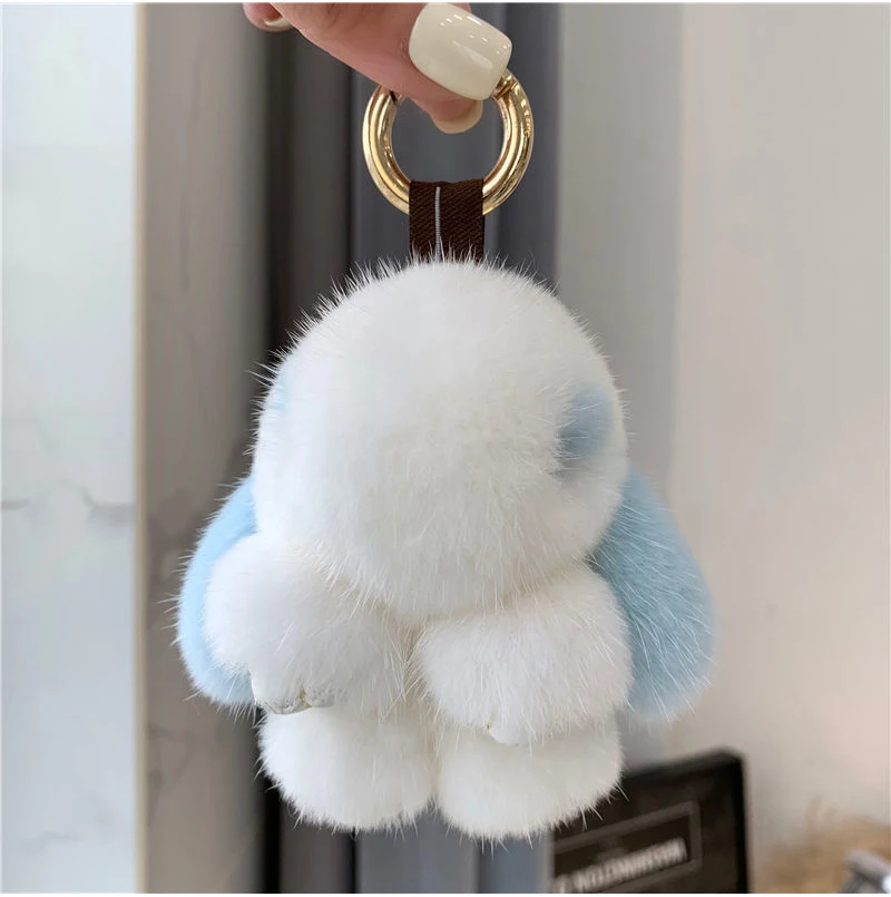Cute Long Ear Bunny Keychain Real Mink Fur Rabbit Doll Pendant Toys Keyring Handbag Charm Ornament Pompom Plush Jewelry Gifts