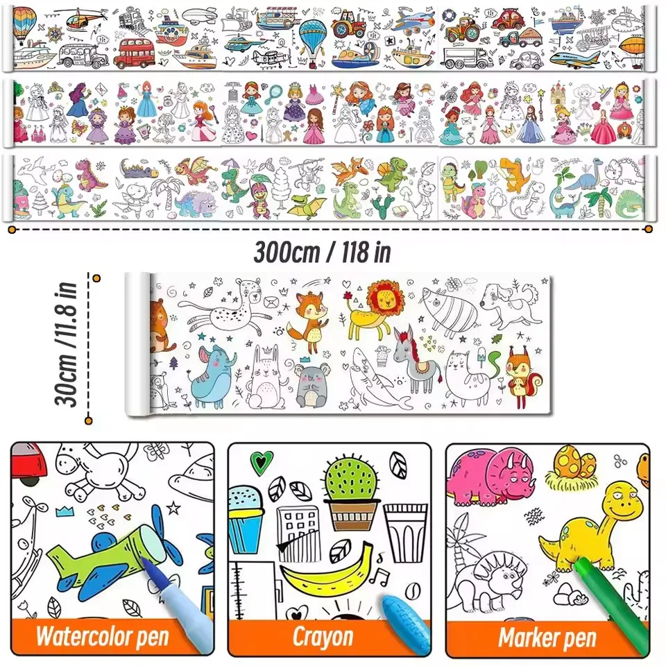 Kit da Disegno per Bambini, Rotolo di Carta da Disegno Lungo 3 Metri per Graffiti, Pittura Fai-da-Te per Studenti, Pratica di Disegno e Colorazione - immagine 2