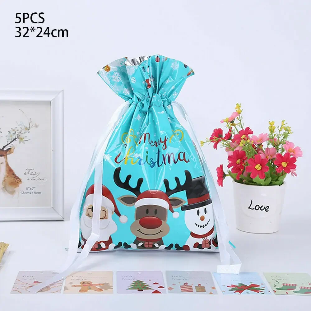 5Pcs Party Gift Bags Christmas Candy Gift Bag Plastic Drawstrings for Xmas Tree Ornament