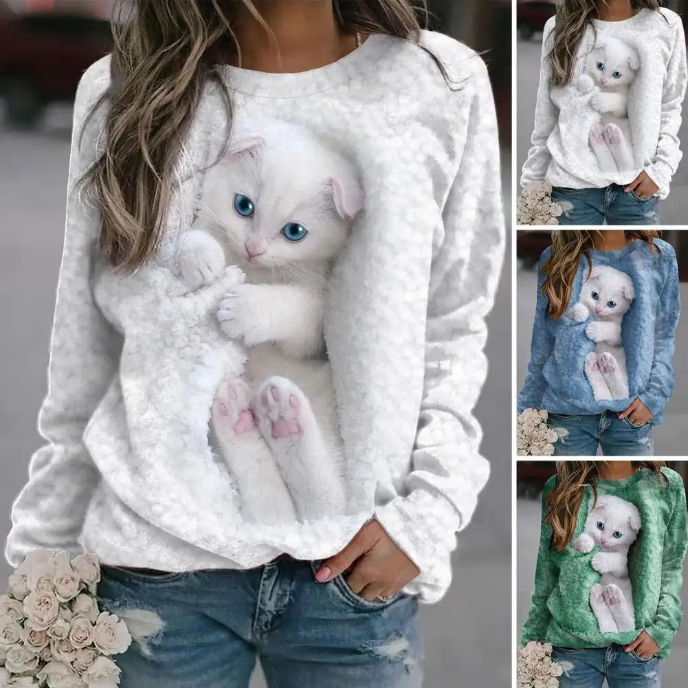 CasualLooseSweatshirtWomensWhiteCuteCatPrintHoodie2023Autumn