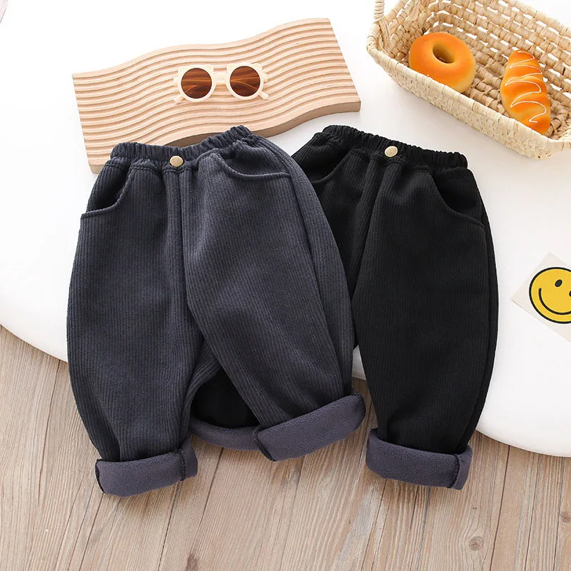 Kids Corduroy Casual Pants Winter 2-7T Solid Color Patch Girls Fleece Padded Trousers Warm Thicken Children Pants 2