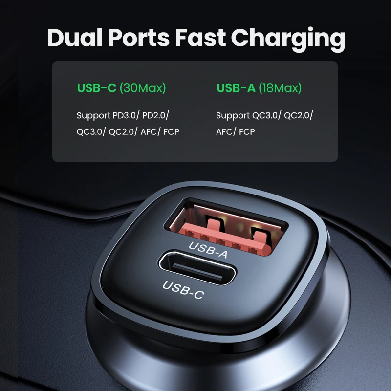 Caricabatteria da auto UGREEN 30W PD Quick Charge QC4.0 3.0 SCP tipo C caricabatteria da auto USB veloce per iPhone 14 13 12 caricabatterie per cellulare Xiaomi - immagine 2