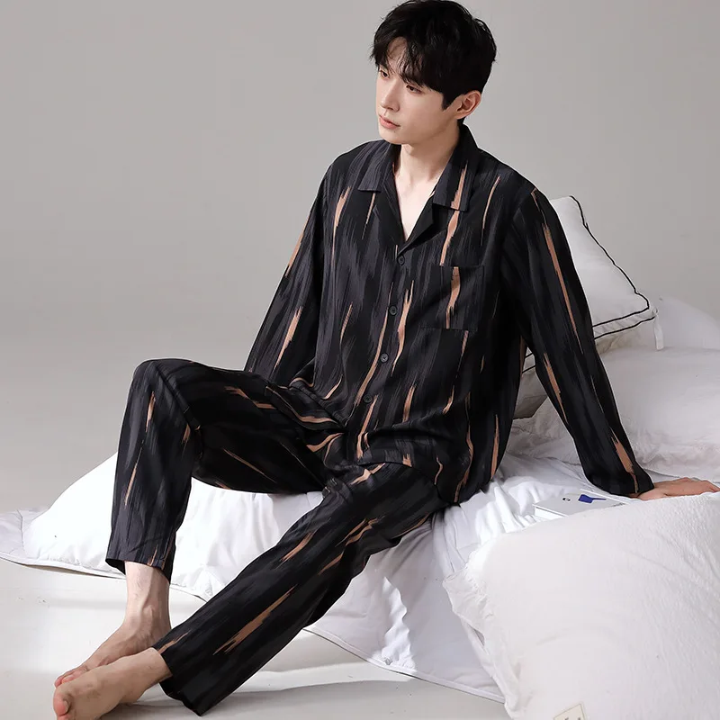 Spring Autumn Men's Thin Ice Silk Pajamas Lapel Long Sleeve Cardigan Pants Casual Home Clothing Set Luxury Printed Sleepwear