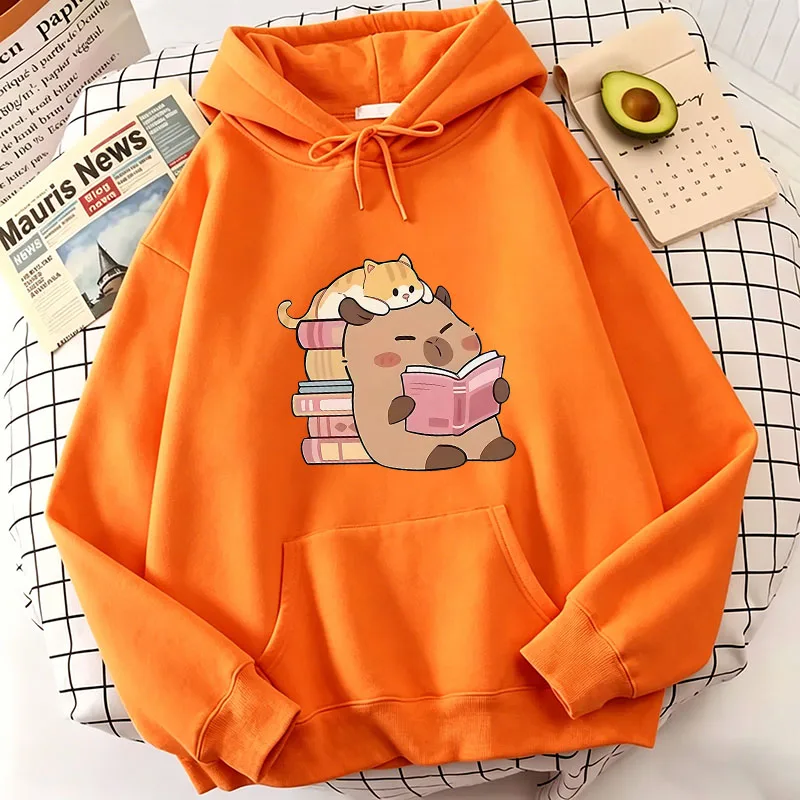 Cat and Capybara Reading Cozy Hoodie - Casual Harajuku Sweatshirt