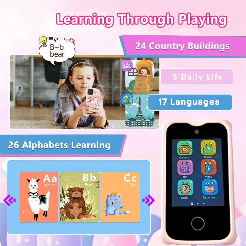 New Kids Smart Phone Toys Unicorn Toddler Play Phone Dual Camera Cell Phone Travel Toy Preschool Learning for Boys Girls Gifts