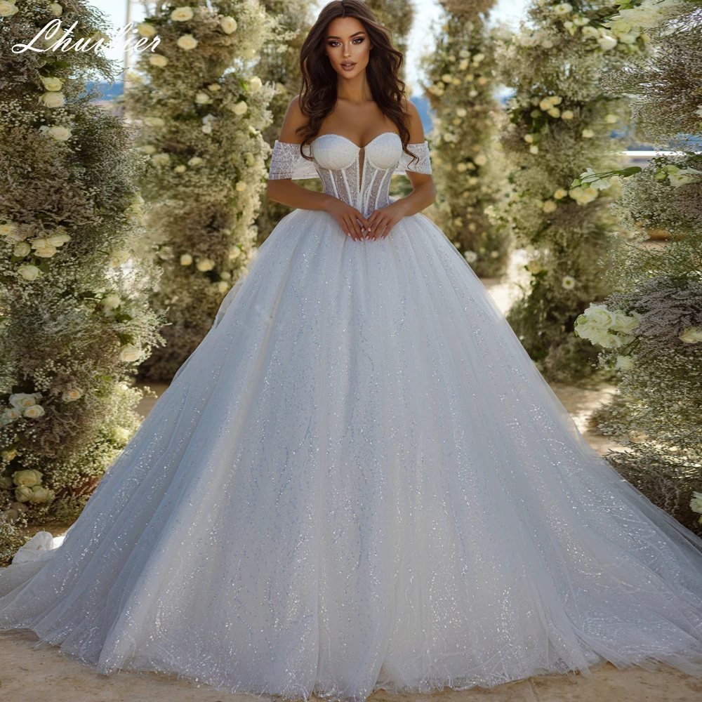 

Lhuilier Women's A Line Boat Neck Shiny Lace Wedding Dresses 2023 Off Shoulder Beaded Illusion Bridal Gown with Removable Straps