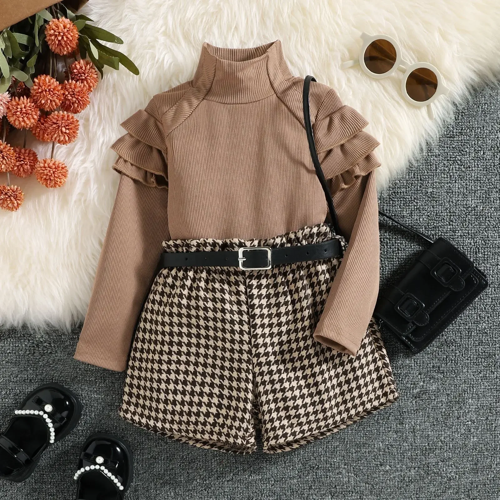 

Kids Girls Autumn Clothes Set Baby Ruffle Long Sleeve High Neck Ribbed Tops + Houndstooth Short Pant + Belt Children Outfit 1-6Y