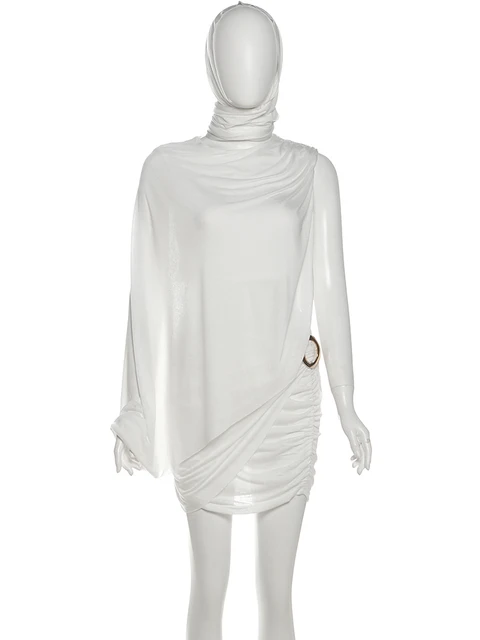 Cindy Solid Hooded Scarf One Shoulder Skirt Set 6