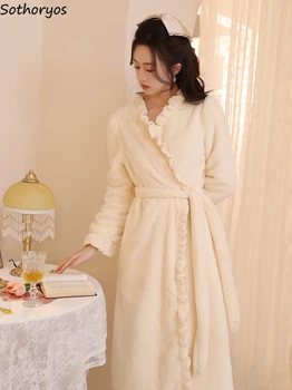 Winter Coral Fleece Robes Women Solid Ruffles Plush Plus Velvet Thicker Sleepwear Soft Comfortable Long Bathrobe Females Simple