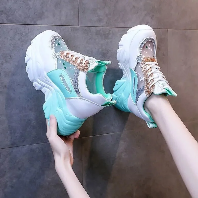Shoes for Women Platform Shoes Autumn Women Casual Breathable Mesh Sequin Sneakers Wedges Sports Lace-up Non-slip Shoes