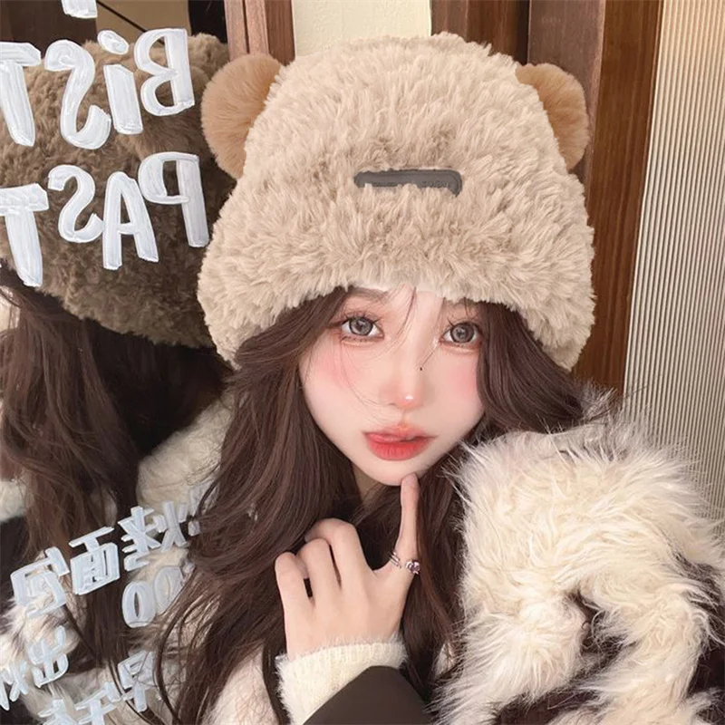 

New Bear Ear Protection Hat Solid Colour Beanie Hat Girls Winter Warm Head Cover Cute Ears Ladies Earmuffs Cap