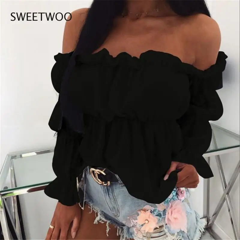 2022 Elegant Women Off Shoulder Chiffon Blouse Fashion Solid Color Pleated Sexy Shirt New Office Street Tops Blouses Tide Chic