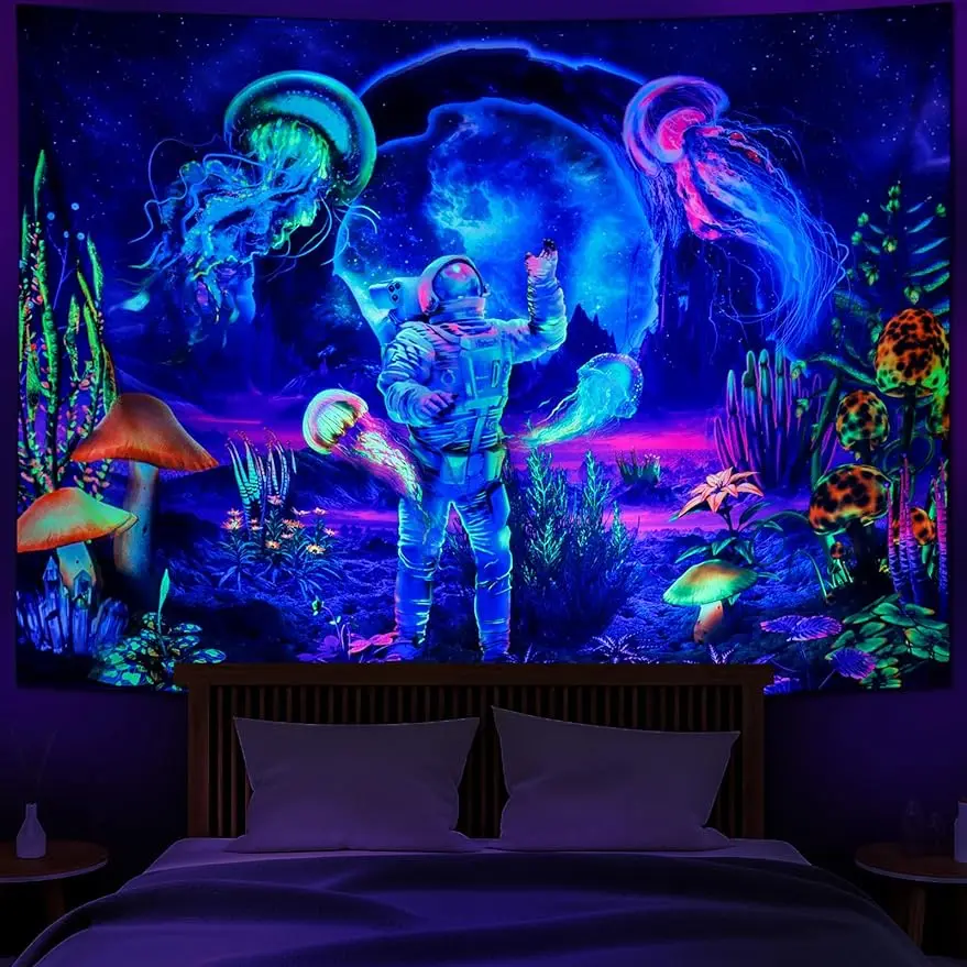 

Blacklight Astronaut Tapestry UV Reactive Plants Jellyfish Neon Galaxy Space Wall Hanging for Room