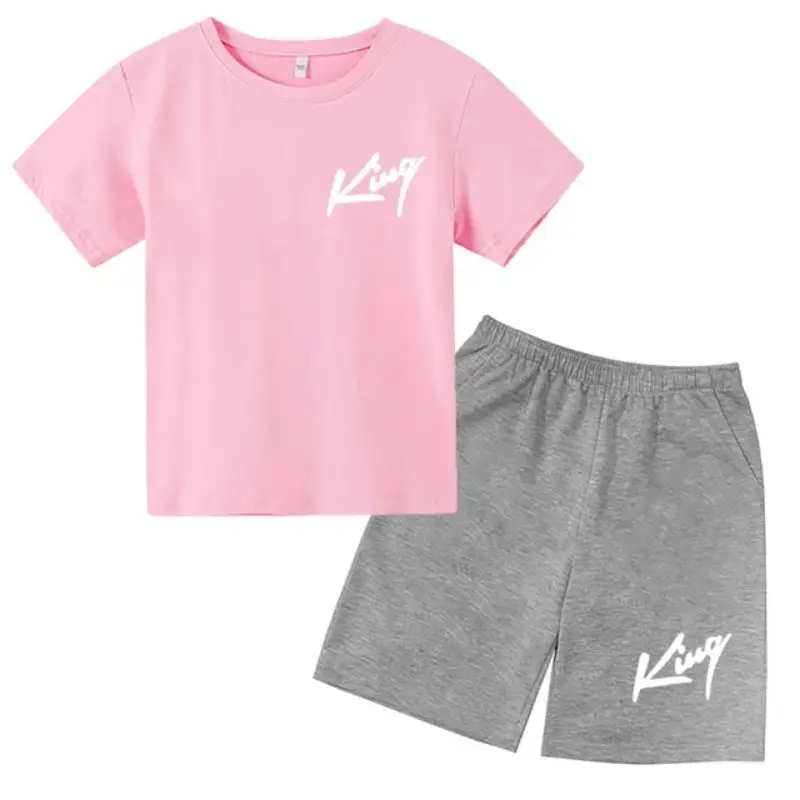 thumbnail image 1 of Conjunto de 2 piezas de camiseta y pantalones cortos informales con estampado de letras para niños y adolescentes a la moda para verano, 1 of 5