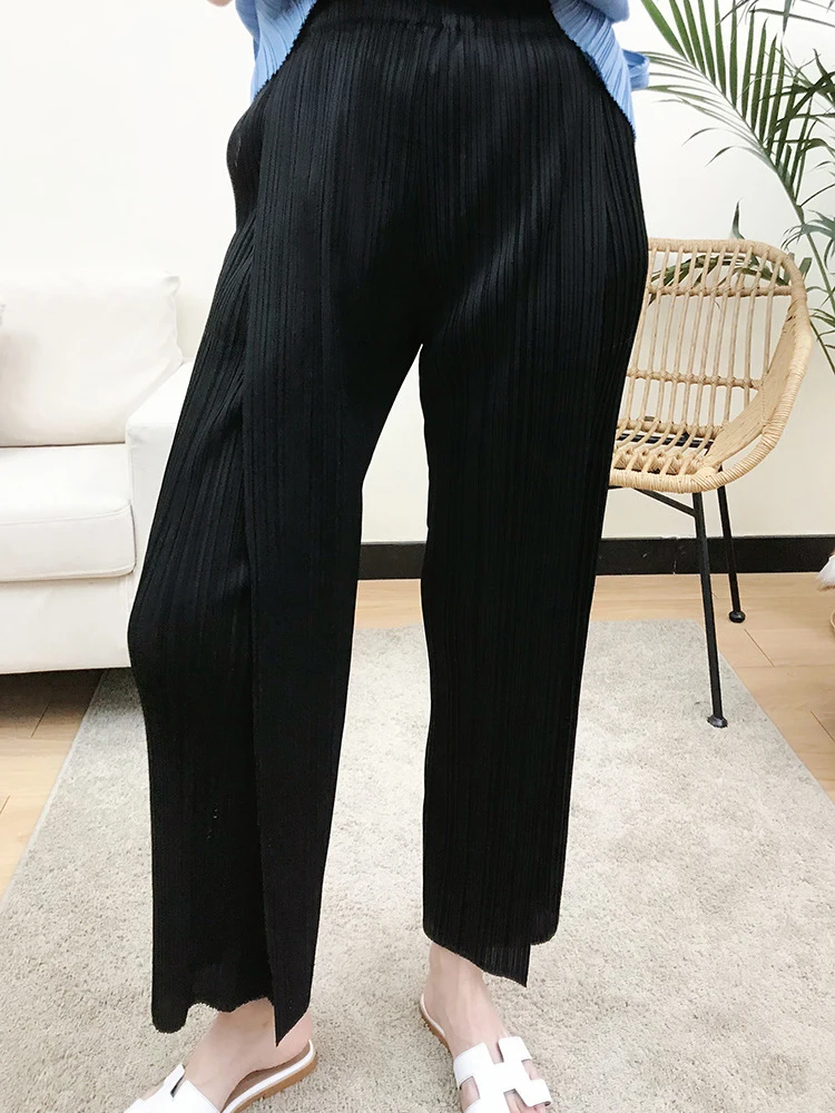 Miyake Pleated Black High Waist Split Side Straight Pants Women Causal Loose Cropped Trousers 5