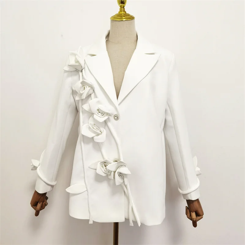 Plus Size 2024 All Season Elegant Women New Casual Fashion Long Sleeve 3d Rose Flower Appliques Button Loose Casual White Blazer