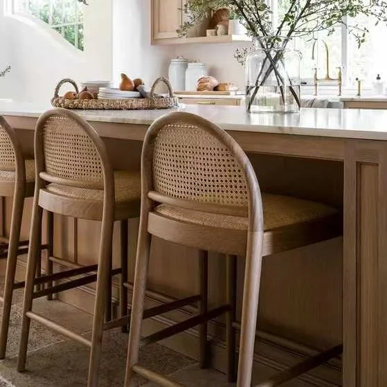 MORE DESIGN Wooden Coffee Cafe Shop White Cushion Armrest High Counter Dining Restaurant Wood Kitchen Bar Chair