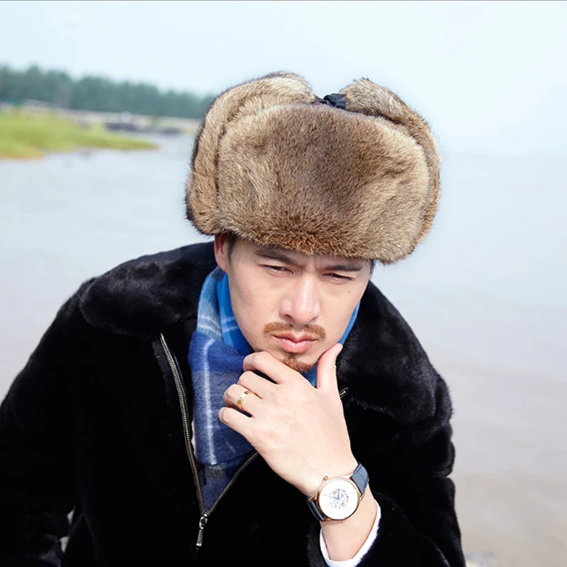 Rabbit Fur Cap Man Winter Genuine 100% Fur Bomber Hat Windproof Warm Earmuffs Male Flat Grey/Black Russian Hat Fitted Casquette images - 6