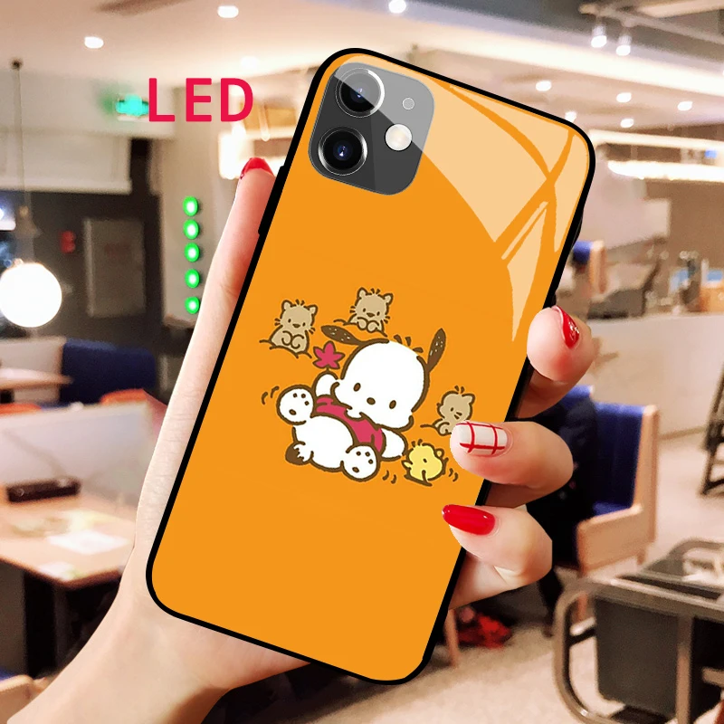 Luminous Tempered Glass phone case For Apple iphone 13 14 Pro Max Puls mini Pochacco Luxury Fashion RGB LED Backlight new cover yb pattern printing leather series 5 for iphone 11 pro max 6 5 inch marble pattern leather phone cover wallet stand folio flip case milky way marble white ls004