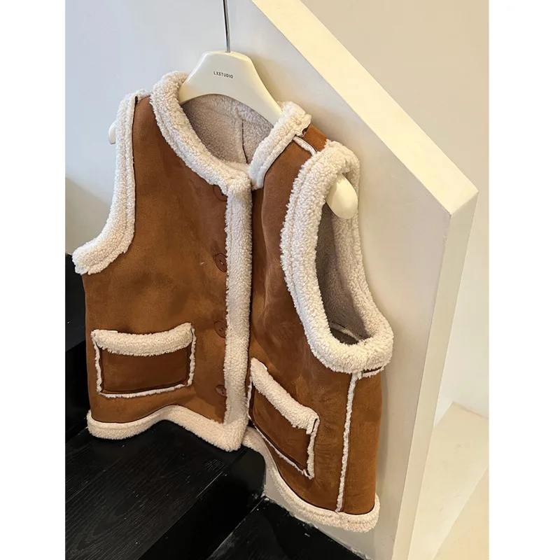 

Winter Vintage Imitation Lamb Suede Vest Women Sleeveless Loose Pocket Warm Casual Outwear Coat