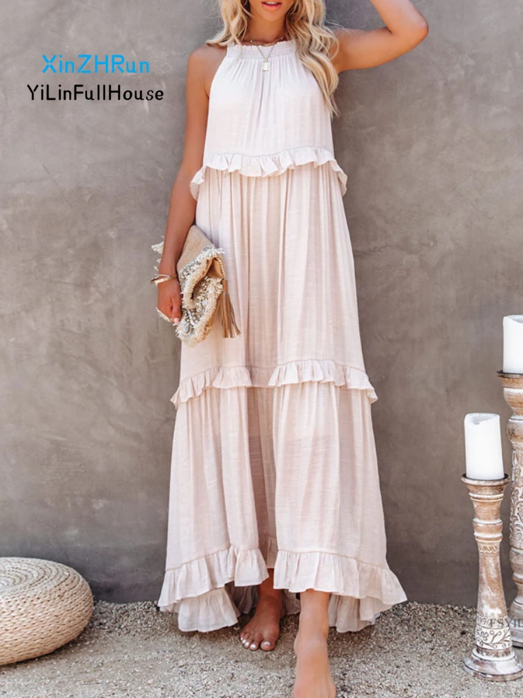 

Summer New Women Fashion Casual Sleeveless Irregular Cake Dress Solid Color Loose Side Pocket Floor Mopping Vacation Long Dress
