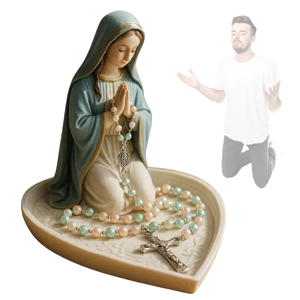 Virgin Mary Rosary Holder Statue Resin Elegant Our Lady Prayer Rosary Box Desktop Blessed Holy Mother Figure Catholic Home Decor