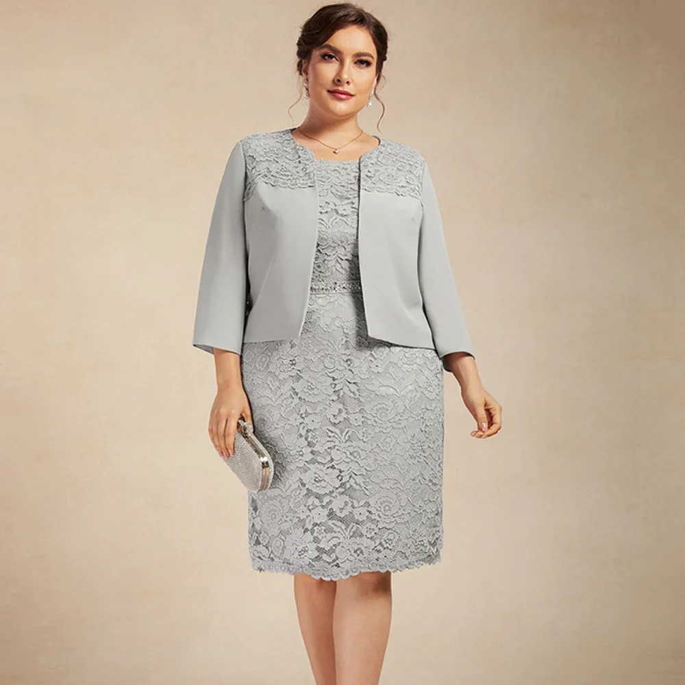 Classic Plus Size Mother of the Bride Dresses With Jacket O-Neck Sheath Knee-Length Lace Wedding Guest Prom Gown Party Dress Mother Bride Dresses