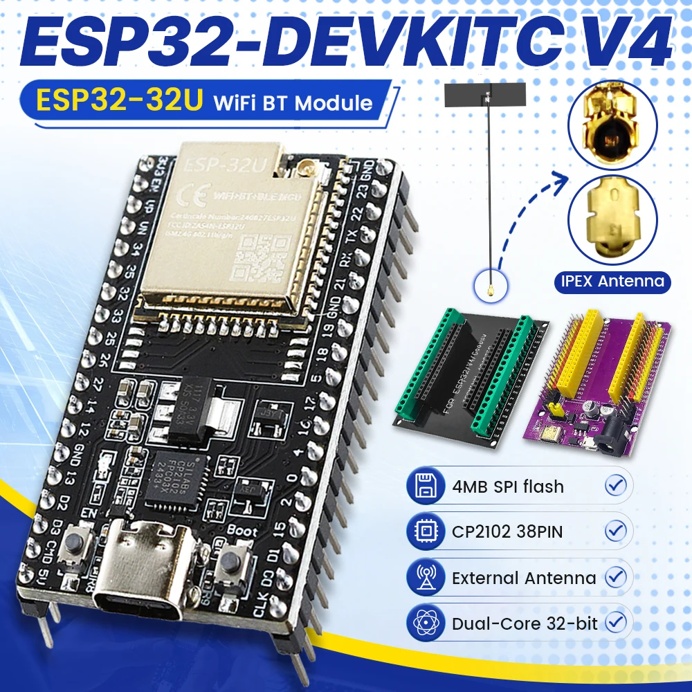 ESP32-32U Entwicklungsboard Erweiterungsplatinen-Kit ESP32-32U BT WLAN-Modul Typ-C 38PIN CP2102 ESP32-DevKitC