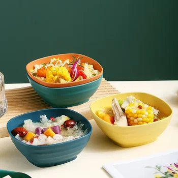 사각 밀 빨대 수프 라멘 그릇, 낙하 방지 대형 샐러드 과일 밥 그릇, 식품 용기, 주방 식기, 전자 레인지 안전 상품 이미지