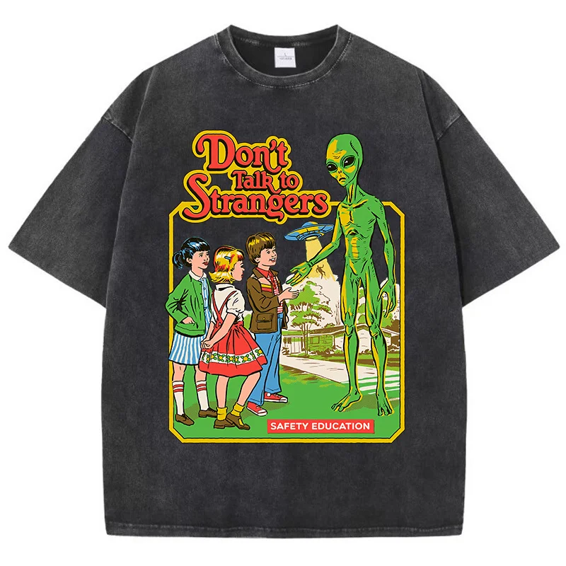 

Cartoon Alien Classic Communication Print Breathable 100% Cotton Short Sleeve Washed Vintage Worn Out couple style T Shirts