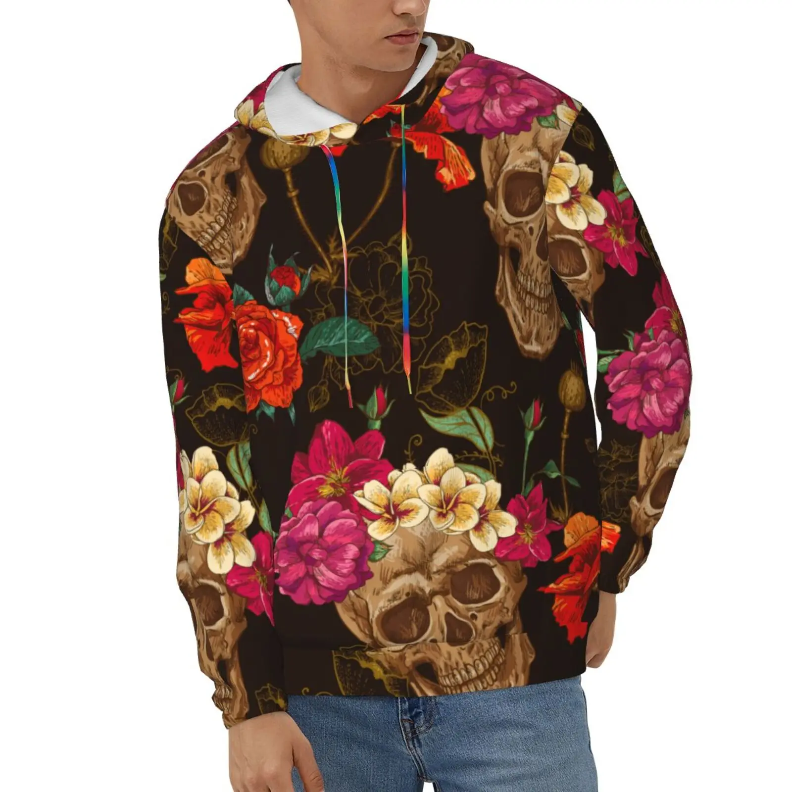 

Wansici Hoodie Long Sleeve Skull and flowers seamless background Pullover Casual Sweatshirt