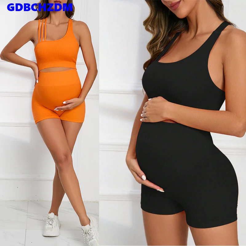 Maternity Seamless Yoga Set Gym Suits Solid Ribbed Sexy Crops Tops Shorts 2 Pieces Outfits Workout