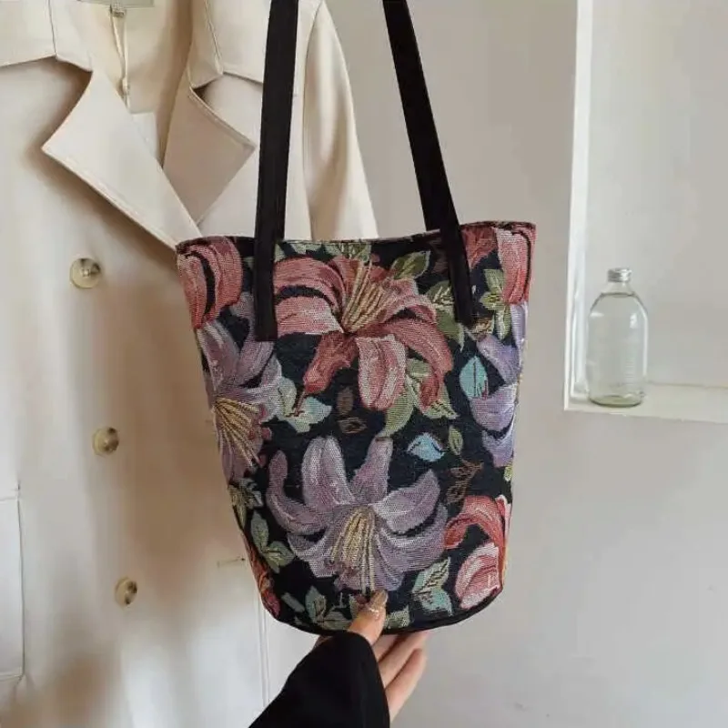 Women's Vintage Bucket Tote Bags Large Capacity Premium Commuter Shoulder Bag Floral Printed Handbag  with Small Zipper Pouch