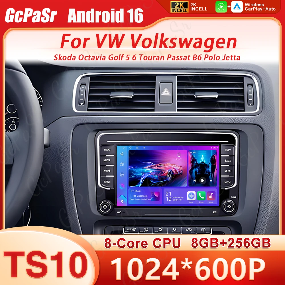Radio de Coche con Carplay Android 16 y GPS para VW Volkswagen Skoda Octavia Golf 5 6 Touran Passat B6 Polo Jetta, Reproductor Multimedia 2Din 4G 1