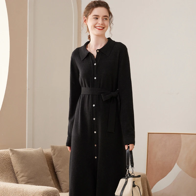 100% Pure Cashmere Dress Mid-length Over The Knee Shirt Polo Neck Knitted Skirt 2024 Autumn and Winter New Model cable length meter counter model ccdd 60l