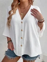 Plus Size Woman Casual T-shirt Solid Color Breathable Spring/summer V-neck Button Travel Wear with European and American Style