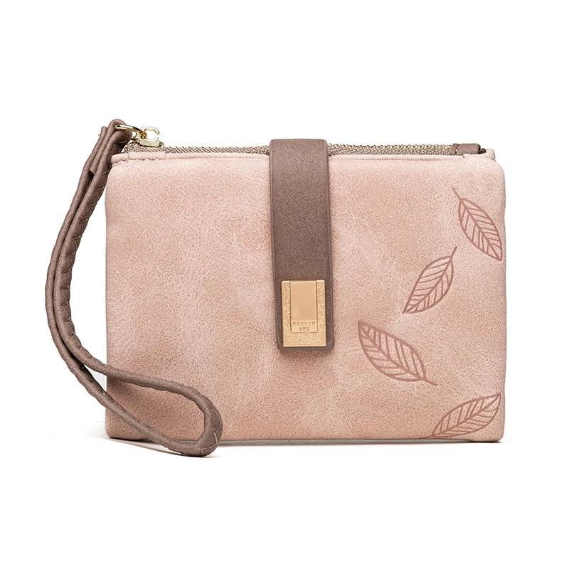 

Fashion Female Wallet Short Leaf Print Women Wallet Lady Small Nubuck Leather Purse Girl Card Holders Wallet With Wrist Strap