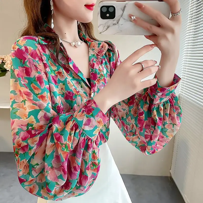 Hong Kong Style Contrasting Colors Printed Shirt Women's Clothing Single-breasted Spring Autumn New Long Sleeve Polo-Neck Blouse