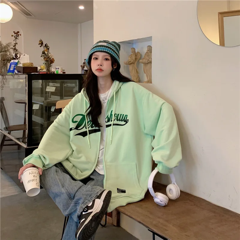 

women Long Sleeve Large Size Korean Casual Chic Top Streetwear Y2k Zip Up Preppy Hoodie Harajuku Letter Embroidery Clothes for