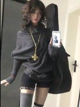 2000s Korean Fashion Slim Batwing Sleeve Autumn Sweaters Y2k Pure Color Subculture Casual Long Sleeve Pullovers Sweaters Chic 1