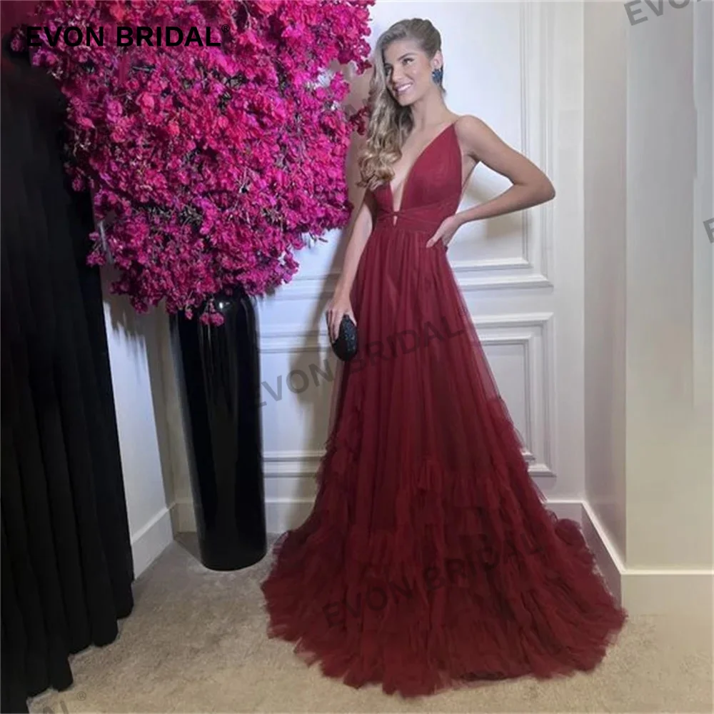 

EVON V-Neck Spaghetti Straps A-Line Evening Dresses 2024 Tulle Tiered Backless Floor Length Sexy Prom Dresses Robes de soirée